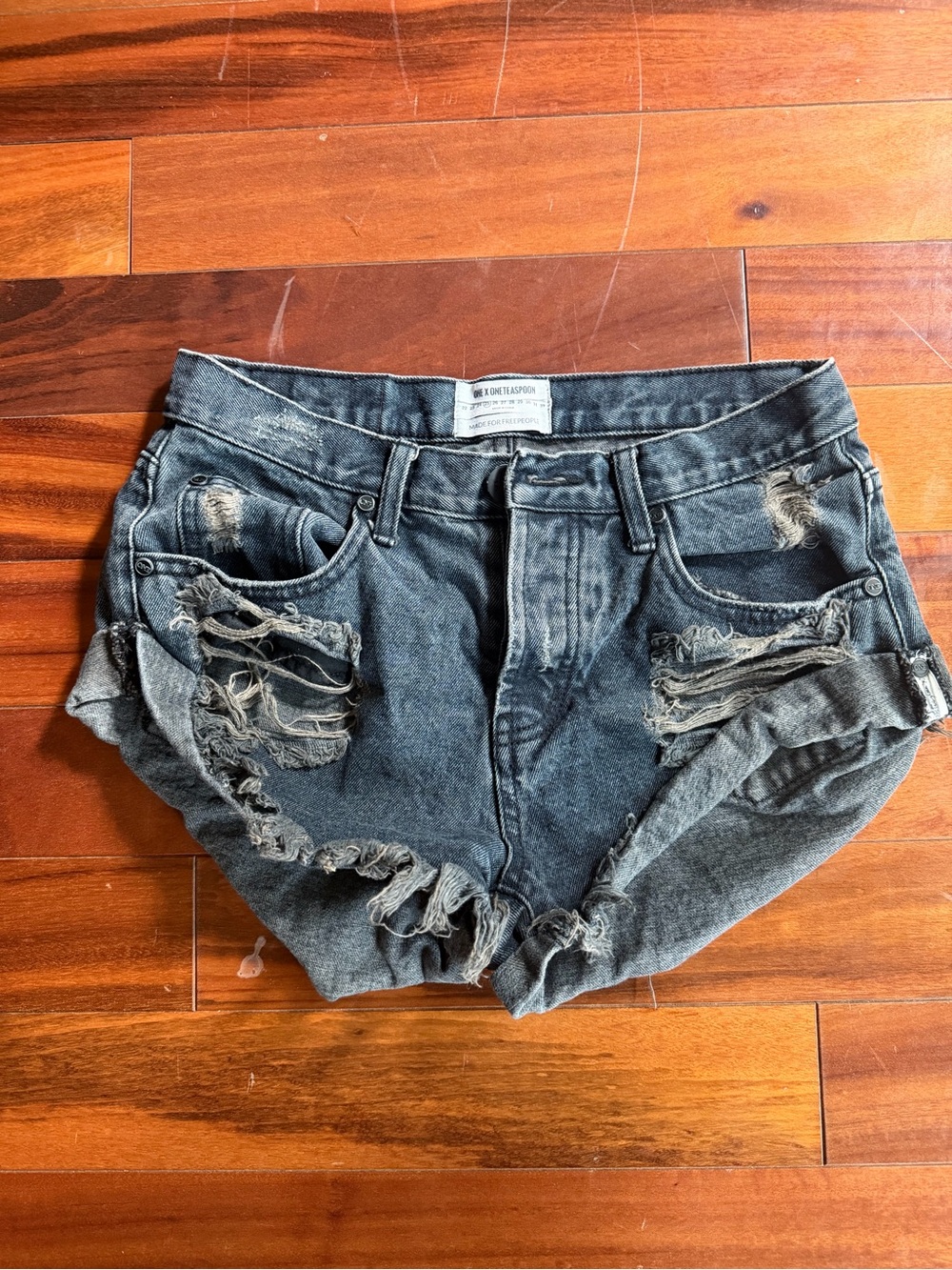 One Teaspoon Distressed Black-Gray Denim Shorts